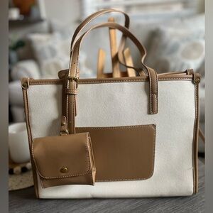 NWOT Tan and Cream Tote Bag with Accessory Pouch